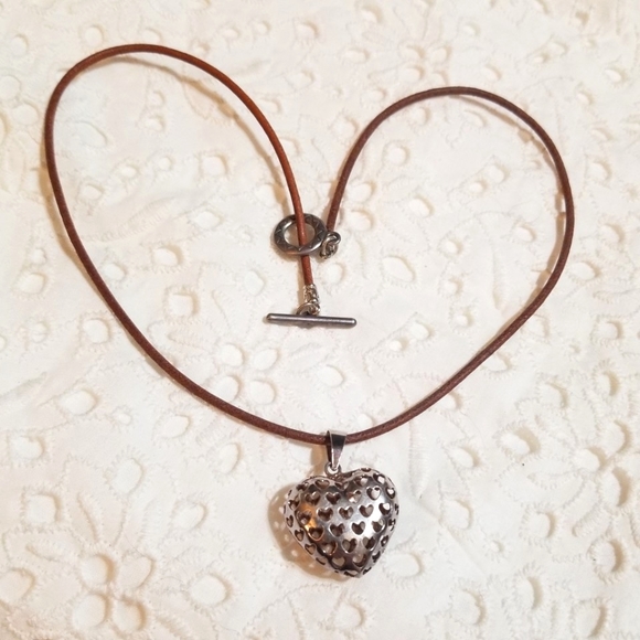 Vintage Jewelry - Vintage Italian Leather Sterling Silver Puffy Heart Necklace